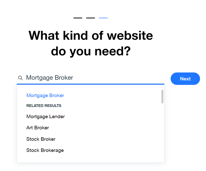 Wix asking what kind of website you need