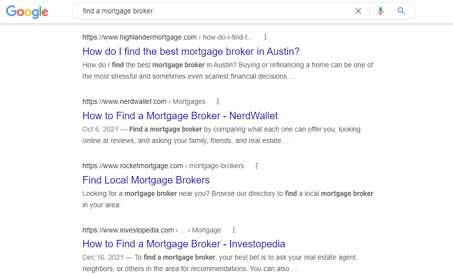 Google search results for "find a mortgage broker"